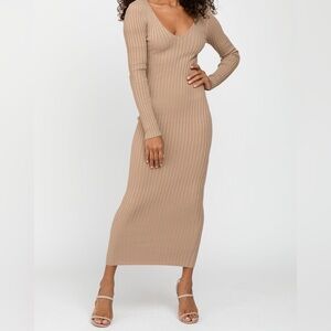 Light brown V-Neck Long Sleeve Fitted Maxi
Dress woman Ribbed Knit size medium